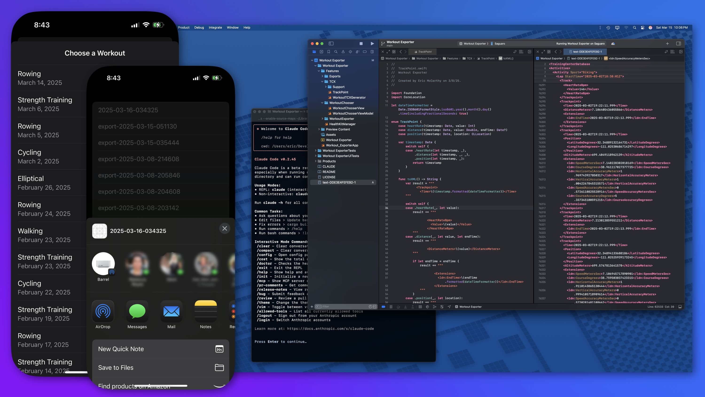 A collage of screenshots. One is an iOS app showing a list of workouts to choose from. Another shows an iOS share sheet. And a third is a screenshot of a macOS desktop running Claude Code in Terminal.app and Xcode showing the code and XML output of the exported workout.