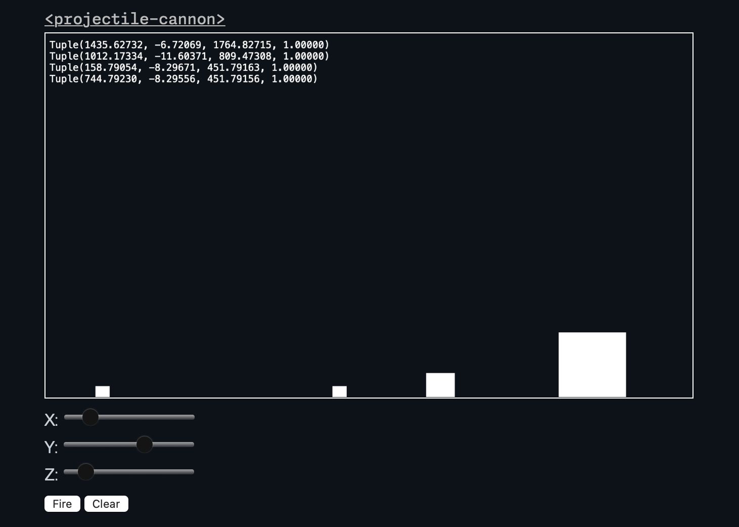 A screenshot of the projectile-cannon demo component. A black box contains 4 white squares of various sizes along the bottom edge. At the top of the box is 4 log lines corresponding to the coordinates of each square. Below the box are UI controls: X, Y, and Z sliders; and Fire and Clear buttons.