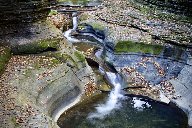 A blurry stream of water flows through a windy crevice it has carved into layered rock. It exits with some excitement into a small basin. Green moss grows on the sides of the rock and reddish-brown leaves litter the floor of the gorge.